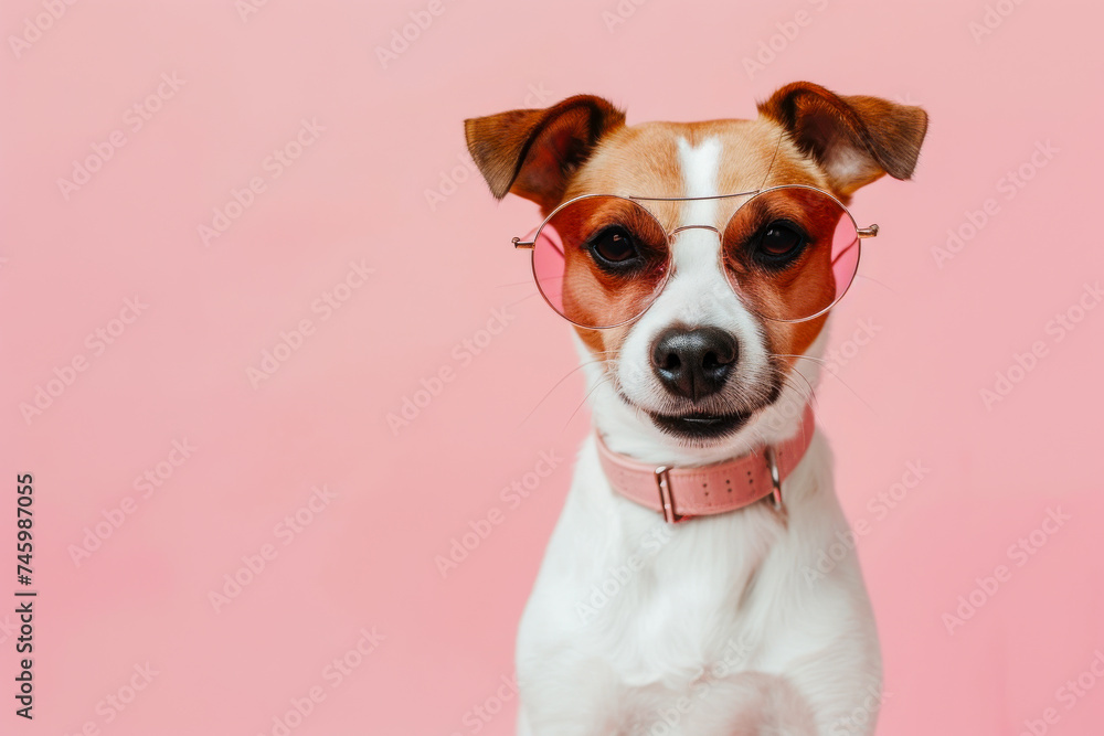 Small Dog Wearing Glasses on Pink Background
