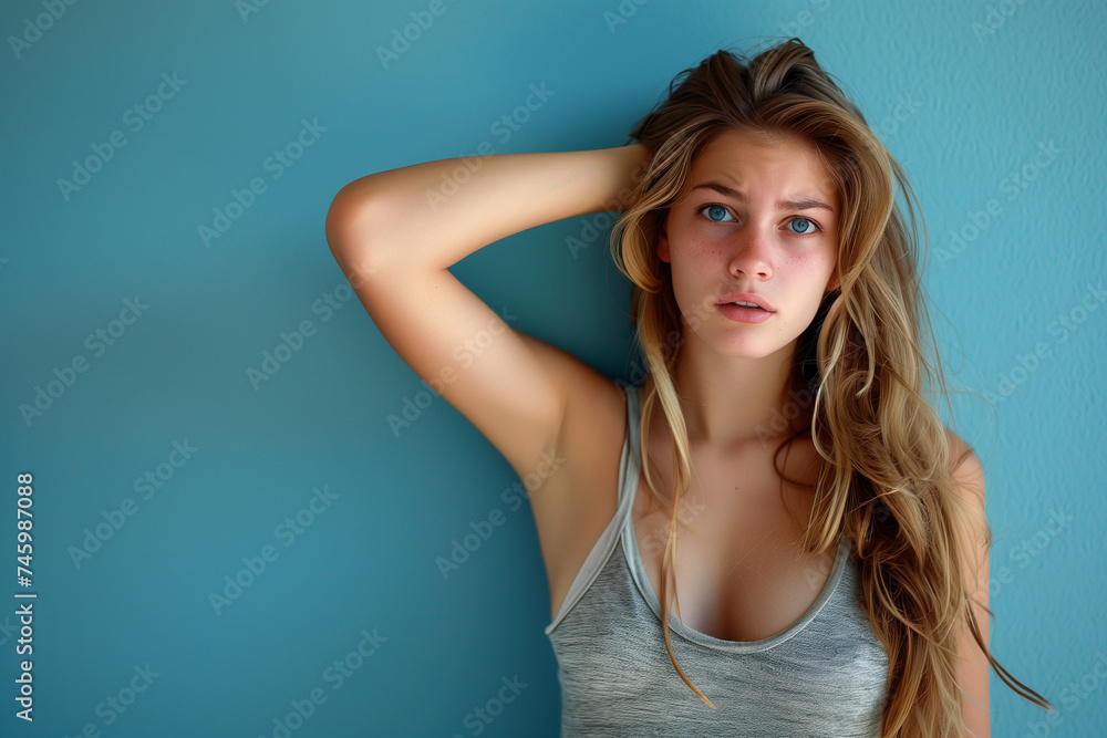 Young Woman Pondering against Blue Background Young Woman Pondering against Blue Background