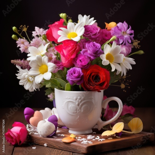 Gorgeous flowers arranged within a cup against a dark backdrop