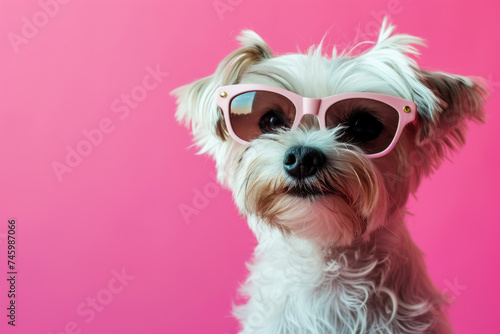 Small White Dog Wearing Pink Sunglasses on Pink Background