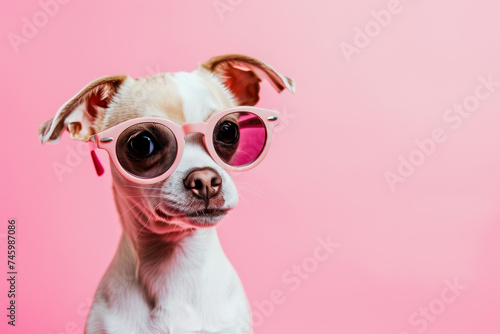 Small Dog in Pink Sunglasses on Pink Background © vladim_ka