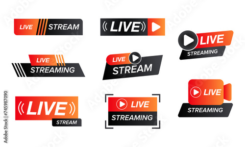 Collection of modern live stream icons and badges in different styles and shapes.