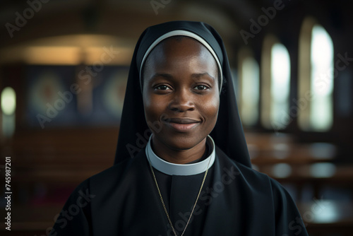 Generated with AI image of young catholic nun praying in church