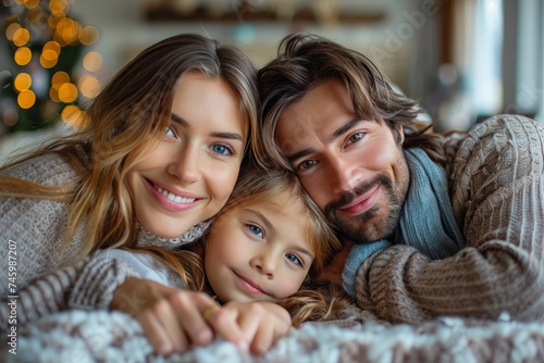 Happy family with a toddler enjoying a warm and loving moment together snuggled in blankets
