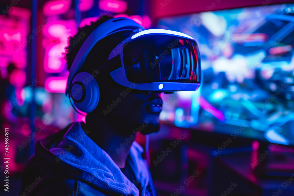Man Wearing Virtual Reality Headset in Front of TV Man Wearing Virtual Reality Headset in Front of TV