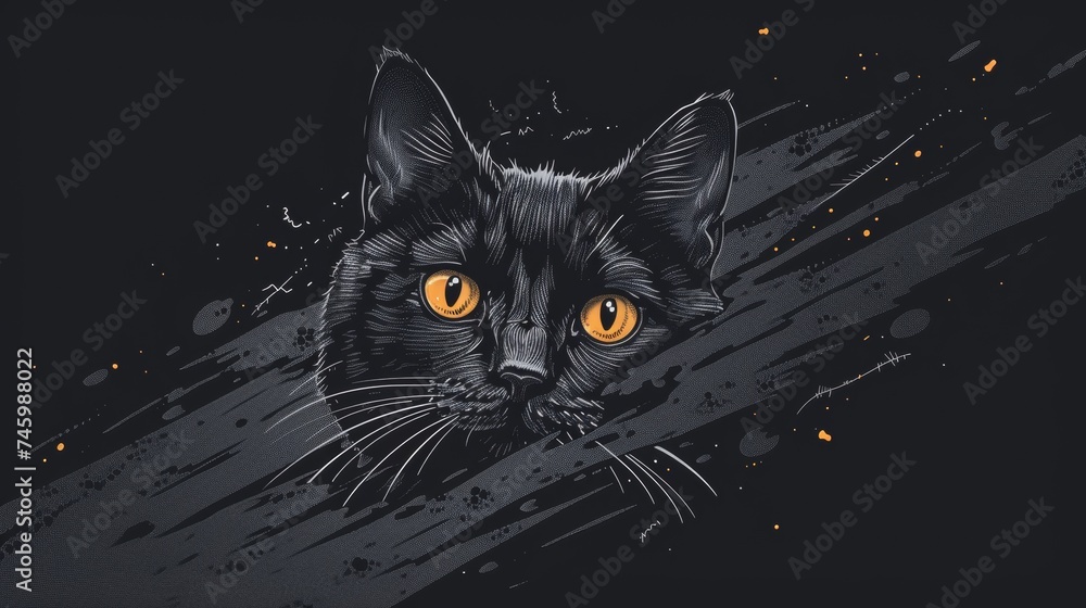 A black cat with yellow eyes on a dark background, AI