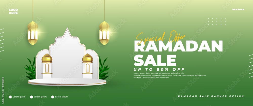 Naklejka premium Green Ramadan sale banner design with podium and lantern elements