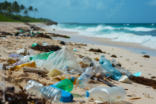 Trash-Filled Beach Next to Ocean