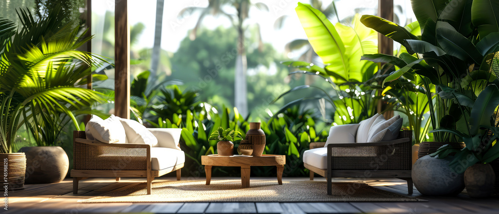 Patio of suburban house with view on jungle, tropical forest. Luxury exterior design scene. Villa Backyard terrace. Vacation, relax, wellness spa resort, hotel. Generative ai