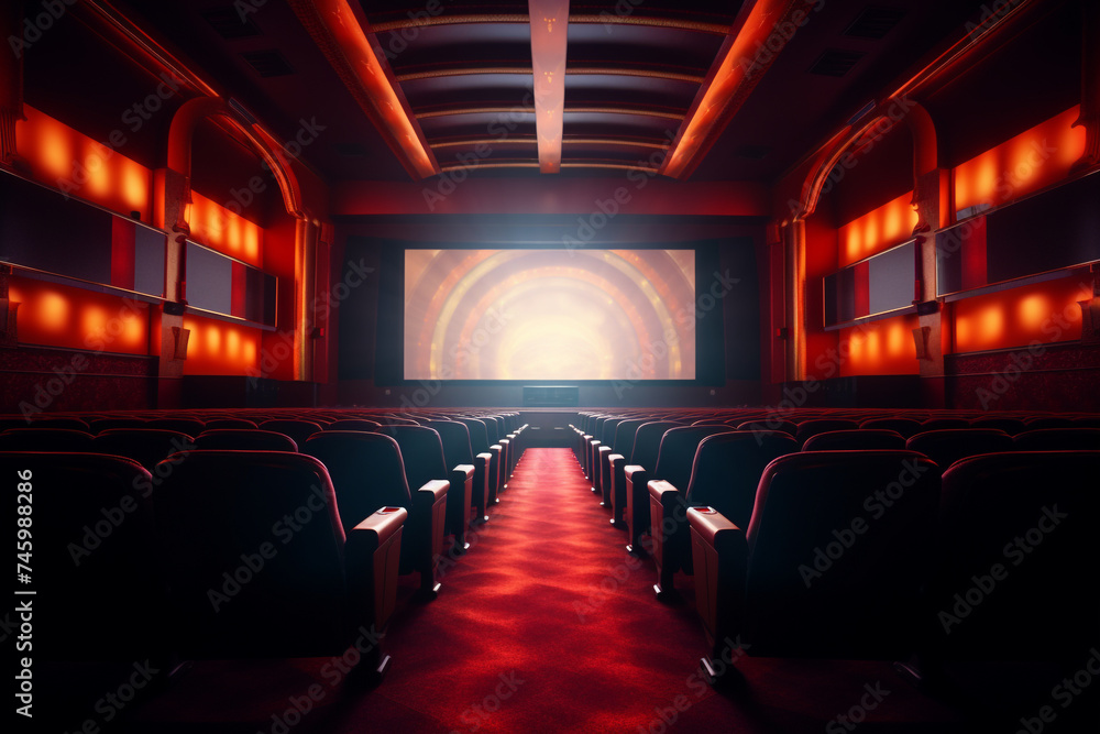 cinema seats with spotlights and blank screen