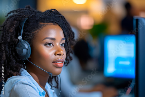 Woman Wearing Headset Working on Computer