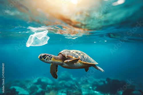 Turtle Swimming in Ocean With Plastic Bag