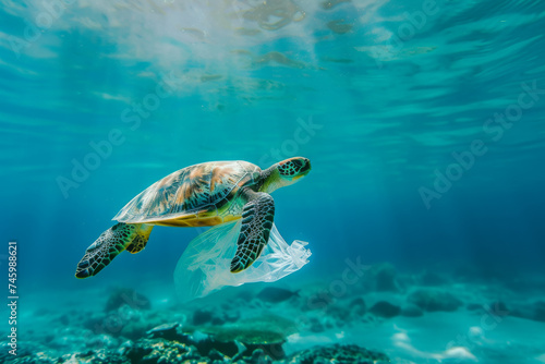 Turtle Swimming Over Plastic Bag in Ocean