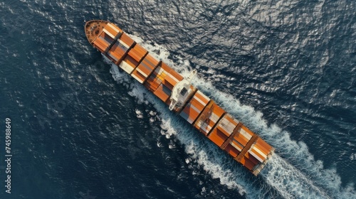 aerial view of a loaded container cargo ship in the ocean 