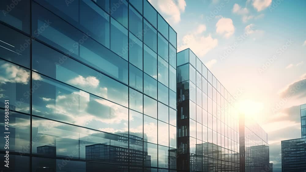 office building or business center.window buildings made of glass reflect the clouds and the sunset. empty street outside wall modernity civilization, commercial, skyscraper, architecture