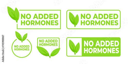 Set of labels in green with a leaf symbol declaring No Added Hormones, ideal for clean and trustworthy food product packaging.