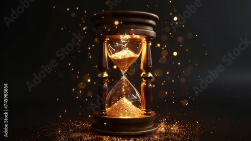 Sand runs through the hourglass bulbs, measuring elapsed time against an abstract dark, shiny background. Copy space. Time counting concept. © Alina Tymofieieva