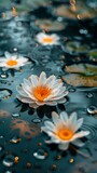 A bunch of flowers floating in a pond with water droplets, AI