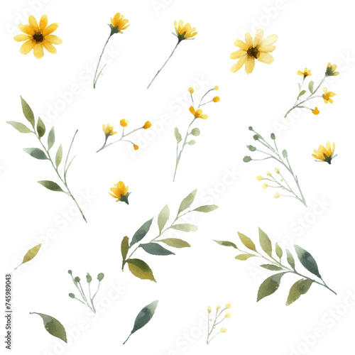 Yellow and green elegant floral watercolor vector pack