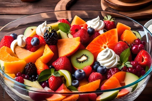 fruit salad in a bowl, Delight in a burst of vibrant flavors with a colorful fruit salad presented in a glass bowl, adorned with an array of freshly sliced fruits and dollops of whipped cream yogurt