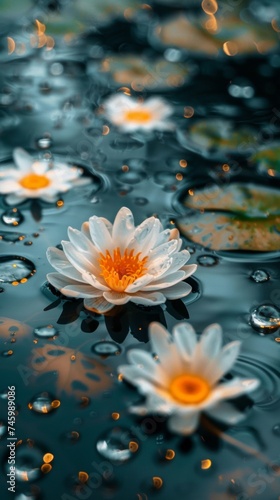 A bunch of flowers floating in a pond with water droplets, AI