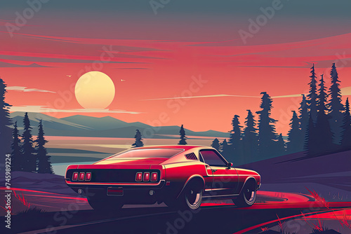 Flat design driver with car on the road