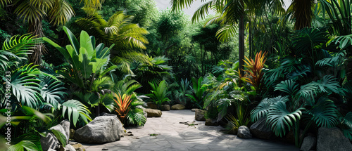 Jungle background. Tropical park or garden with walkway, green exotical plants, palm, branches, flowers. Rain forest wallpaper. Nature landscape. Generative ai.