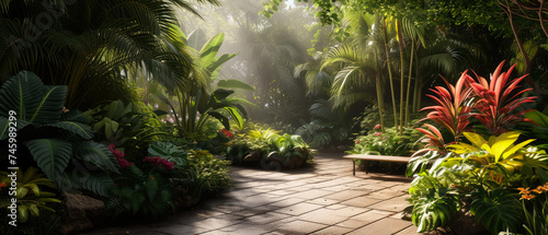 Jungle background. Tropical park or garden with walkway  green exotical plants  palm  branches  flowers. Rain forest wallpaper. Nature landscape. Generative ai.