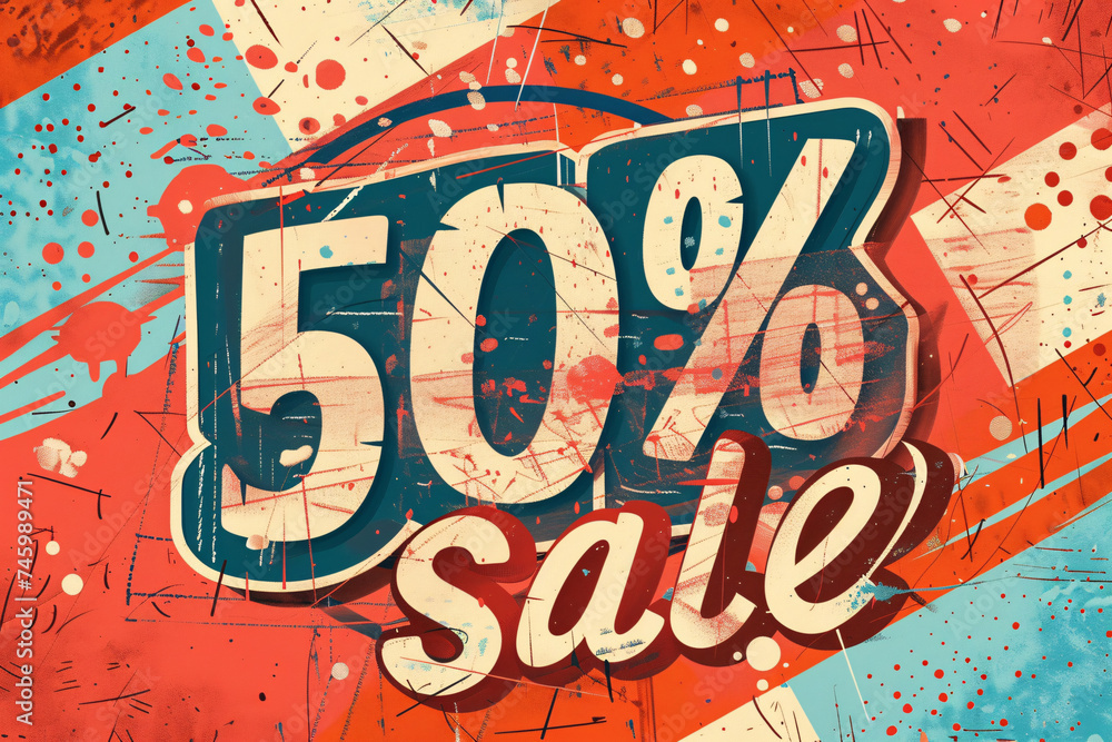 Bold 50% sale tag with a vintage design on a splattered red background