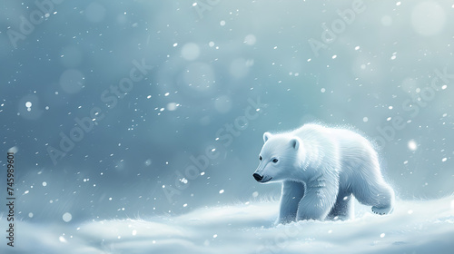 Cute little polar bear cartoon walking in the snow field.