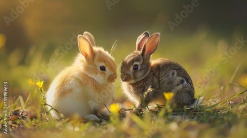 Two rabbits are sitting in the grass and touching noses, AI