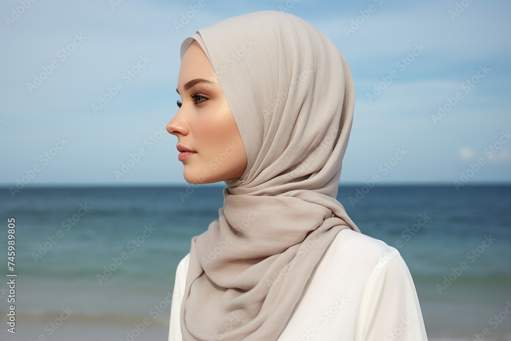 Digital generative ai collage image of woman muslim tourist rest relax on paradise island Digital generative ai collage image of woman muslim tourist rest relax on paradise island