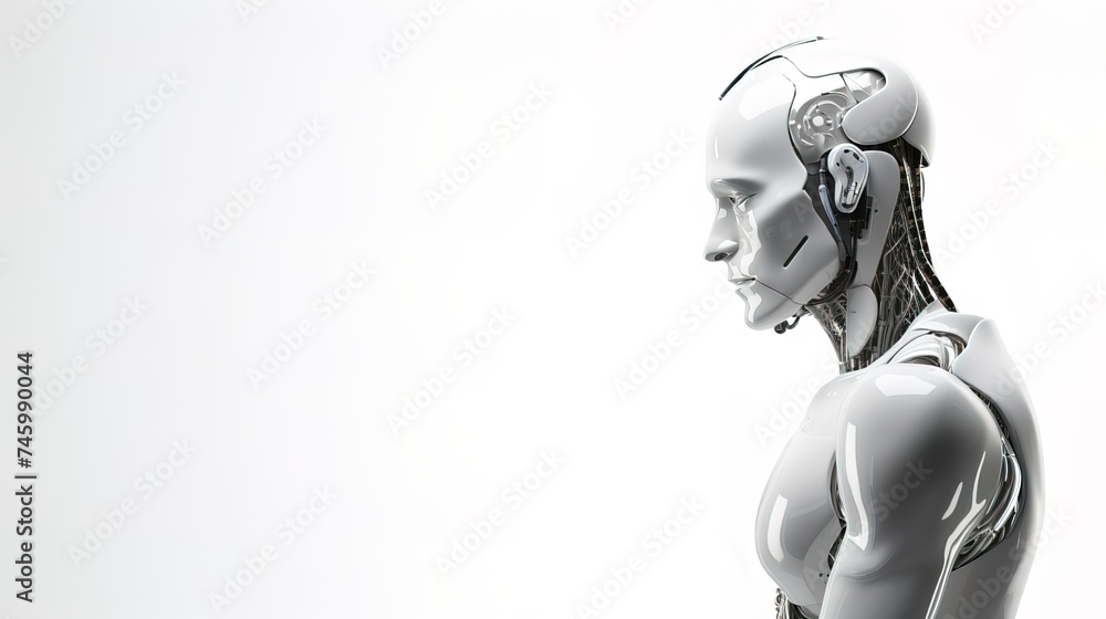 Close-up of an artificial intelligence robot on a white background Close-up of an artificial intelligence robot on a white background