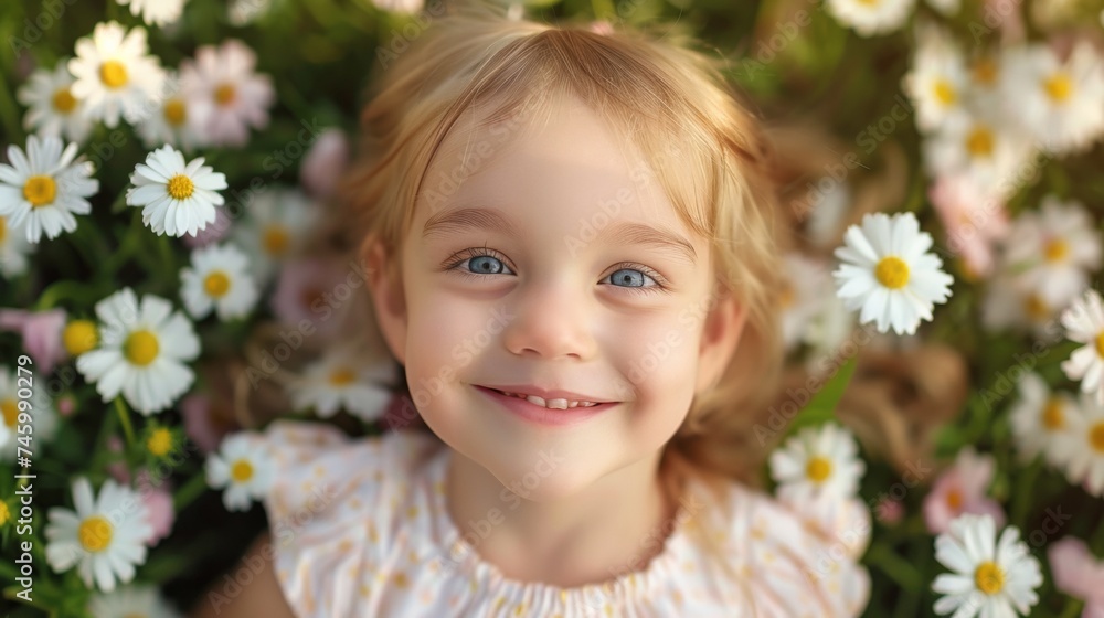 A little girl smiling in a field of flowers with daisies, AI A little girl smiling in a field of flowers with daisies, AI