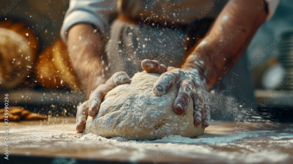 Fototapeta premium Close-up of a man's hands kneading dough, sprinkling flour, working in a bakery. Making bread. Kneading the dough. Food concept.