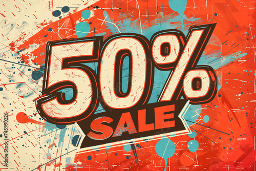 sale poster with 50% discount offer on splattered red backdrop