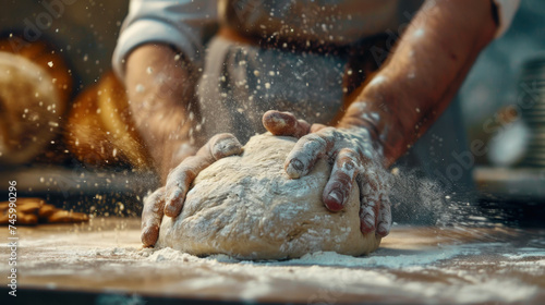 Close-up of a man s hands kneading dough  sprinkling flour  working in a bakery. Making bread. Kneading the dough. Food concept.