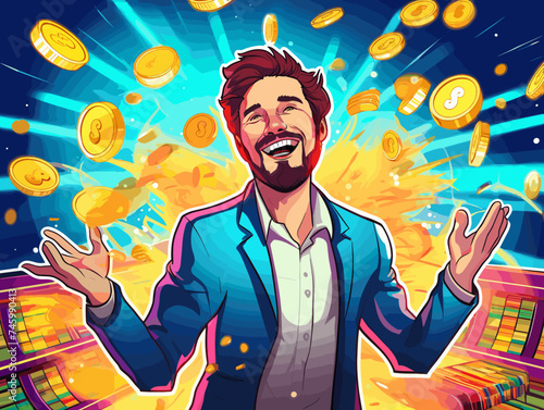 handsome happy man won jackpot in casino, around coins, modern pop art style, cartoon vector