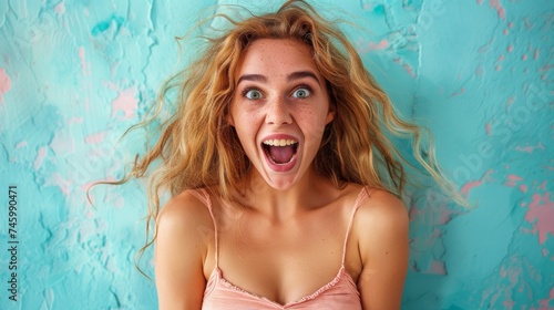 A woman with blonde hair and a pink top making an expression, AI
