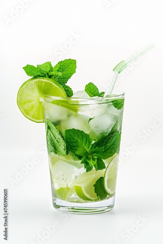 Mojito with lime and mint on white background 