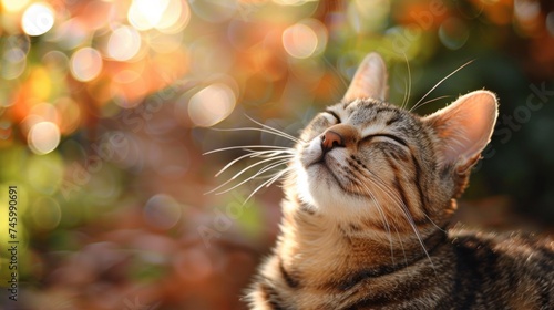 A cat with its eyes closed and looking up at the sky, AI