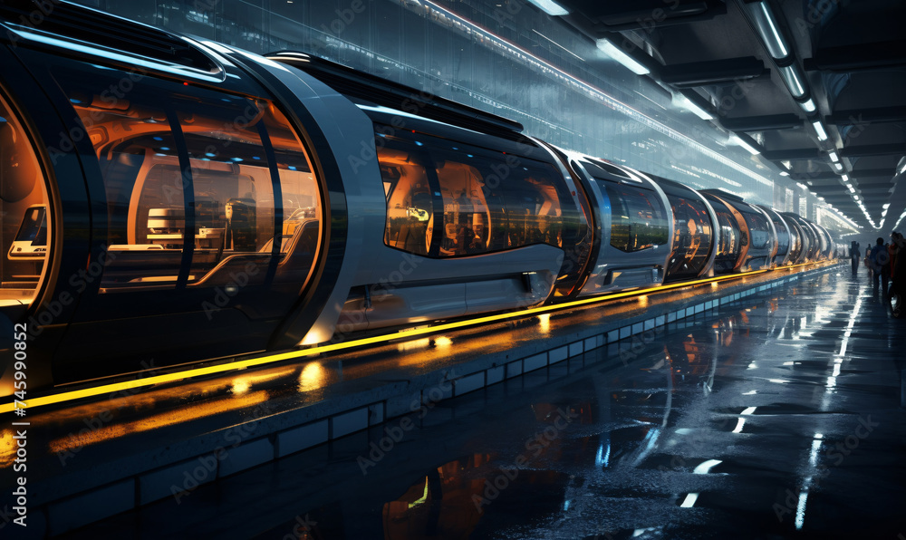 The image shows a futuristic express train moving at high speed through a tunnel. The train is housed in a capsule that floats above the tracks using magnetic levitation. The image shows a futuristic express train moving at high speed through a tunnel. The train is housed in a capsule that floats above the tracks using magnetic levitation.