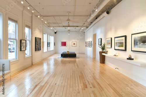 Contemporary art gallery interior with white walls, track lighting.