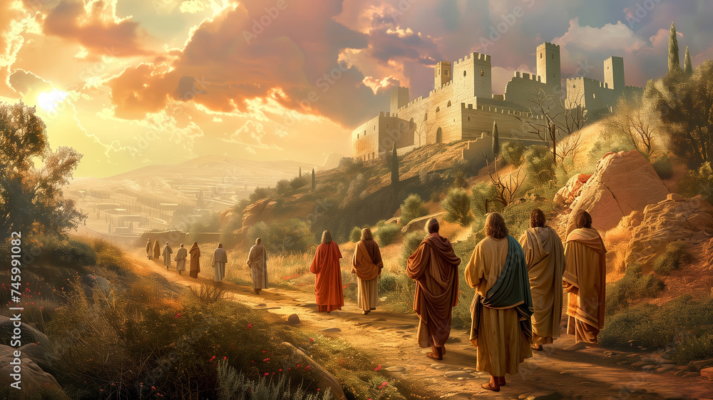 Fototapeta premium Jesus and His disciples on the way to Jerusalem Generative AI Illustration