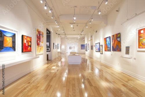 Contemporary art gallery interior with white walls, track lighting.