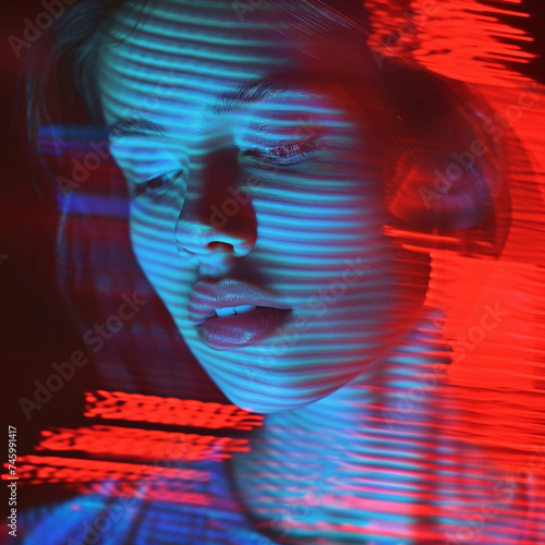 Prismatic Dreams: A Dynamic Portrait in Neon Blue and Vibrant Red