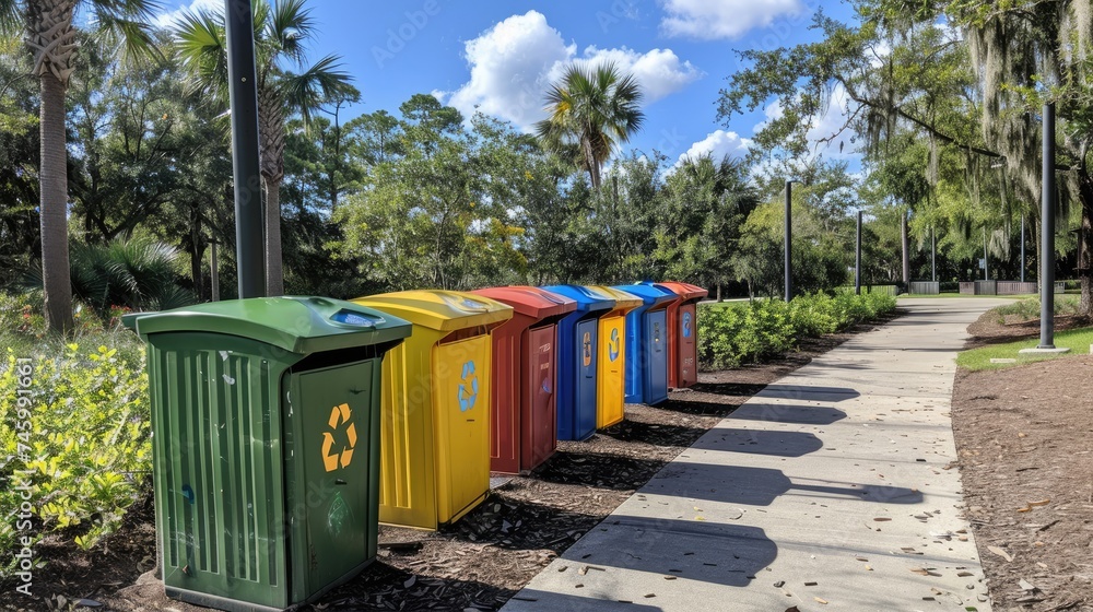Different color recycling bins in city park. bins for collection of recycle materials. Trash. Big cleaning day Different color recycling bins in city park. bins for collection of recycle materials. Trash. Big cleaning day