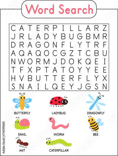 Words search puzzle game of insect bug animals for preschool kids activity worksheet colorful printable version.