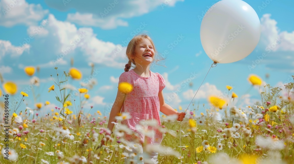A little girl in a field with flowers and balloons, AI A little girl in a field with flowers and balloons, AI