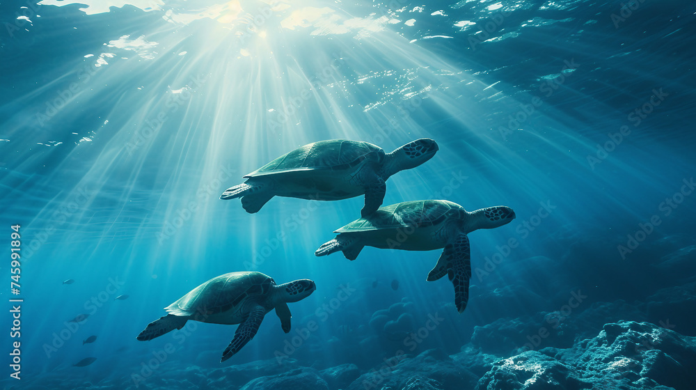 Fototapeta premium Sea turtles swimming towards the oceanâs surface through beams of sunlight filtering through the water